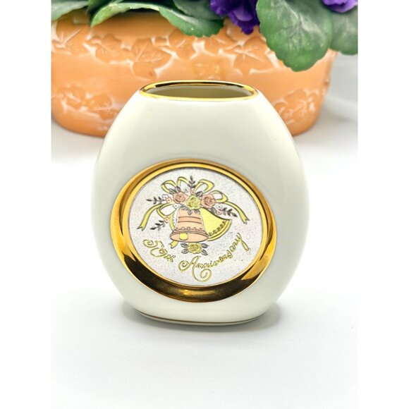 Vintage 50th Anniversary Vase 24K Gold Edged Art Of Chokin Made In Japan - Picture 6 of 6